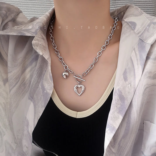 Double heart silver necklace