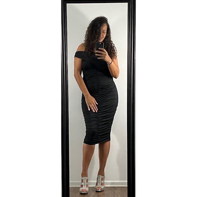 Black shoulder ruched dress