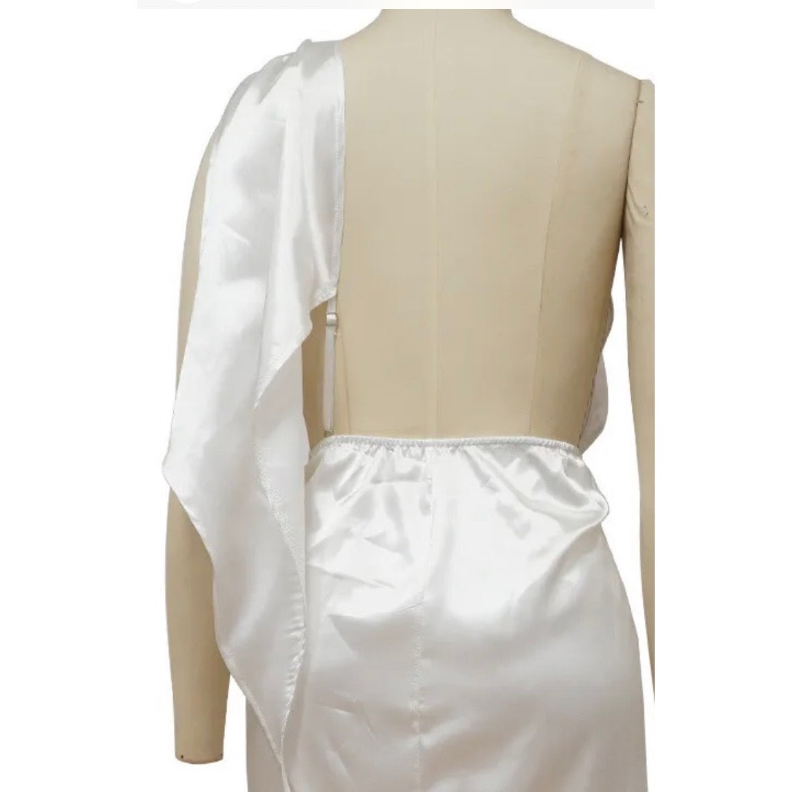 White satin shoulder drape dress