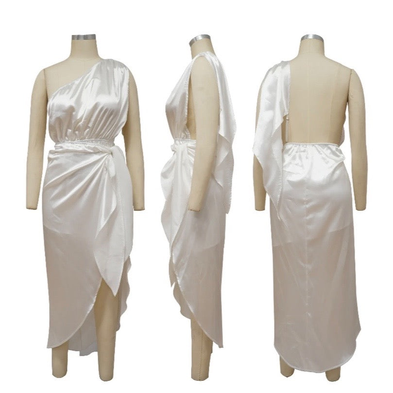 White satin shoulder drape dress