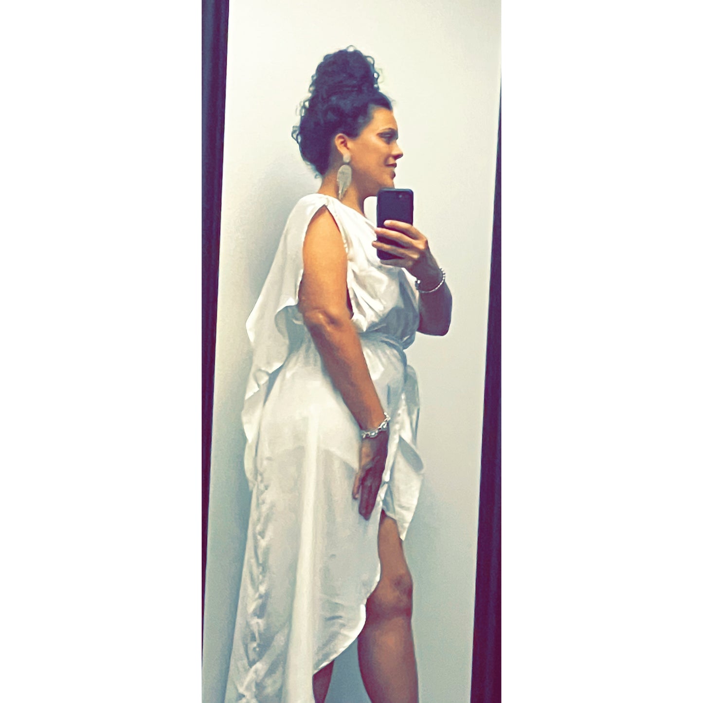 White satin shoulder drape dress