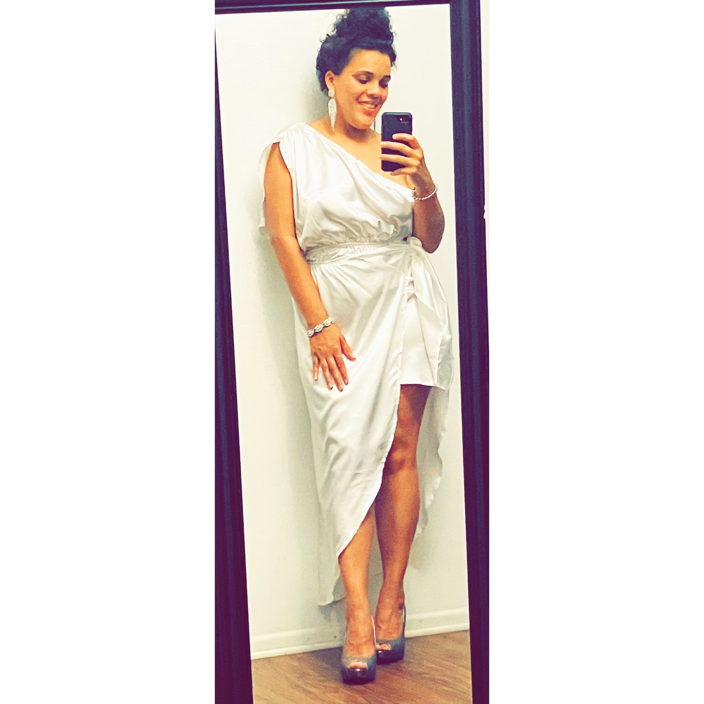 White satin shoulder drape dress